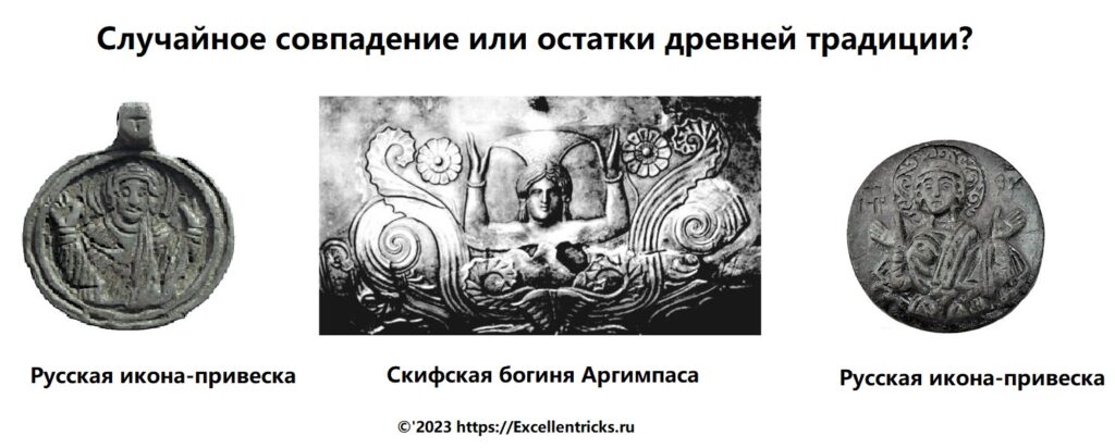 Русские иконки-привески XI–XVI вв. с изображением Богоматери очень похожи на изображение Скифской Богини на вазе из кургана Чертомлык